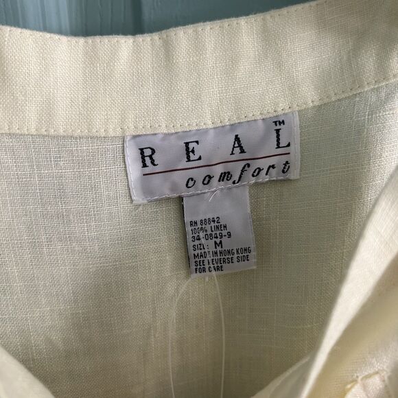 Vtg 90s Real Comfort Linen Ivory Short Overalls Romper Medium Y2K Lagenlook Boho - Picture 3 of 11